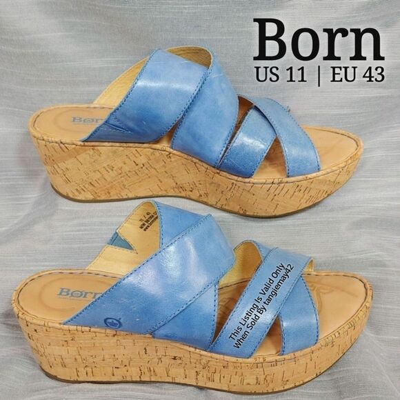 Born Blue Leather Celeste Open Toe Cork Platforms Wedges Sandals Womens 11 EU 43 - Picture 1 of 11